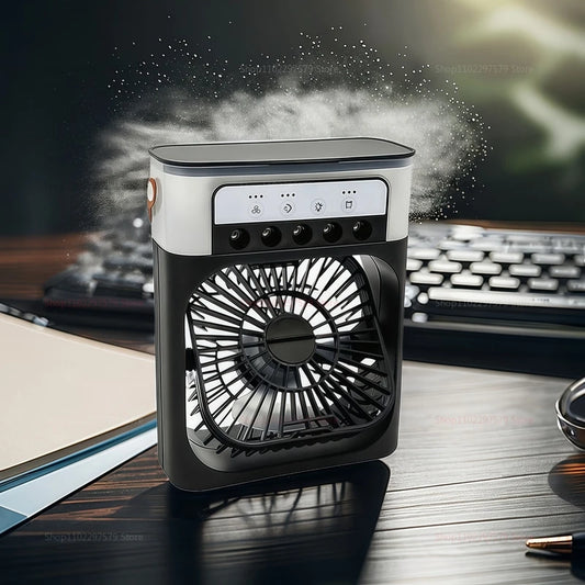 Mini Ventilateur Refroidisseur d’Air – 3-en-1 Humidificateur & LED